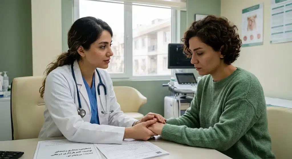 دکنموارد دکنتر در حال سقط جنین به علت بیماری به بیمار دلداری میدهدو معاینه مییکند