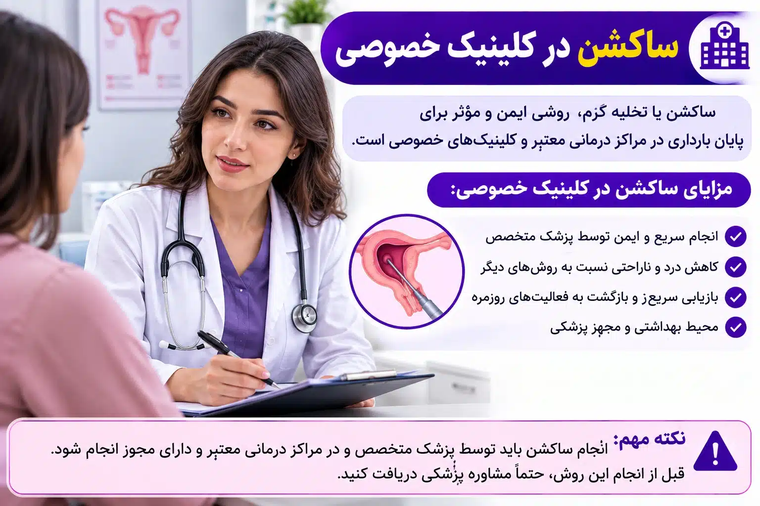 ساکشن در کلینیک خصوصی؛ مشاوره پزشک و بیمار درباره تخلیه رحم با روش ساکشن و اهمیت انجام این روش در مرکز درمانی معتبر.