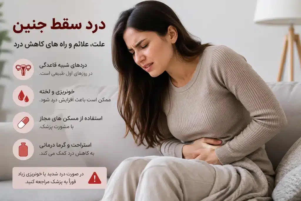اینفوگرافی درد سقط جنین زنی در حال درد سقط جنین وعلت و راه های کاهش درد 
