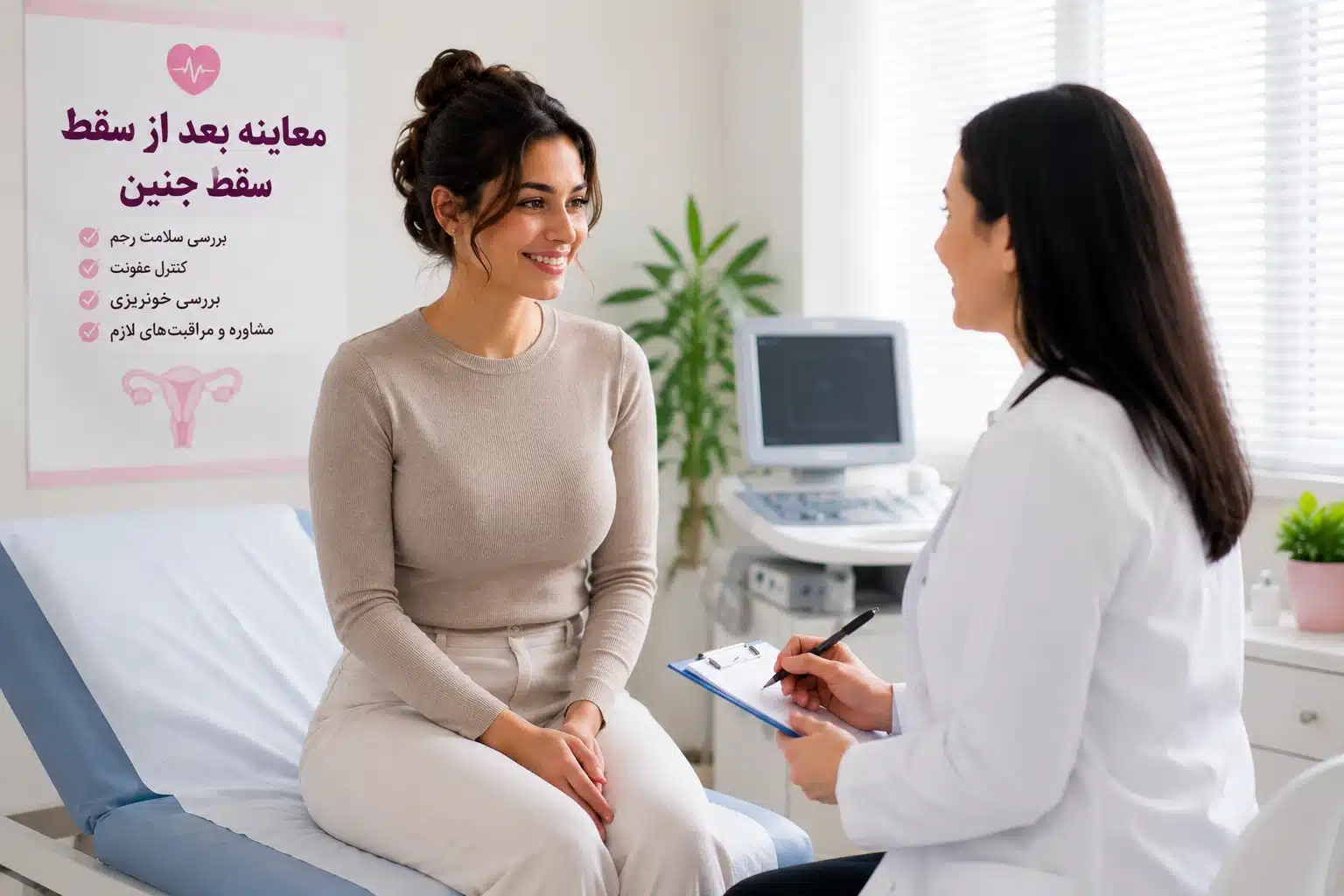 معاینه بعد از سقط جنین در مطب پزشک و بررسی وضعیت سلامت رحم