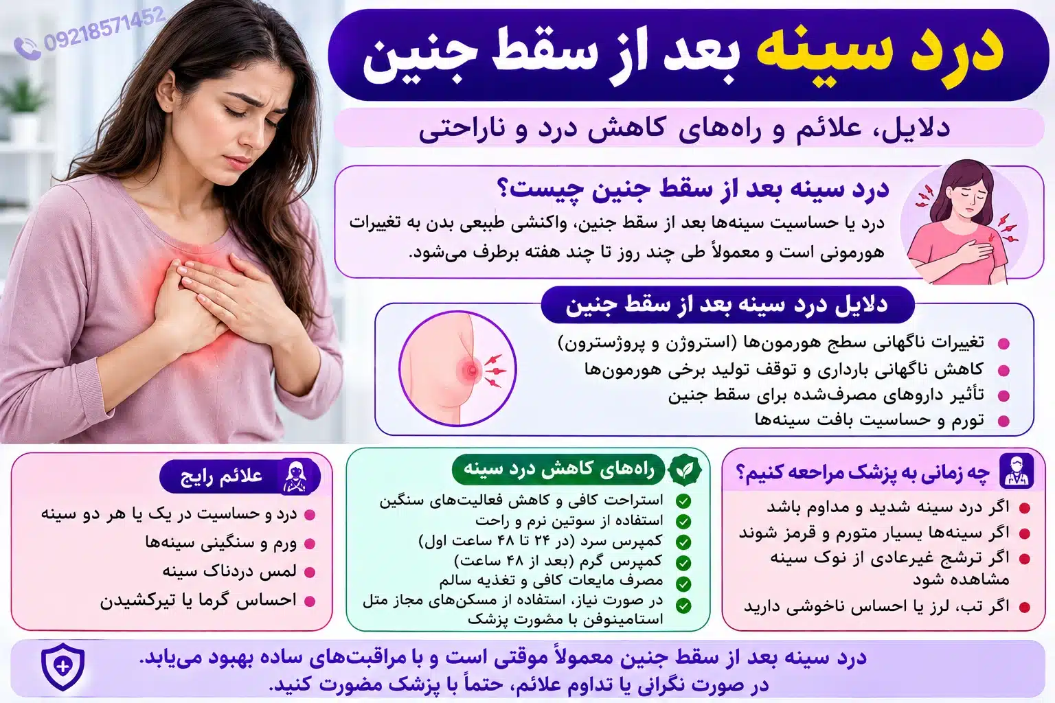درد سینه بعد از سقط جنین؛ بررسی علل هورمونی، علائم شایع، راههای کاهش ناراحتی و زمان مراجعه به پزشک.