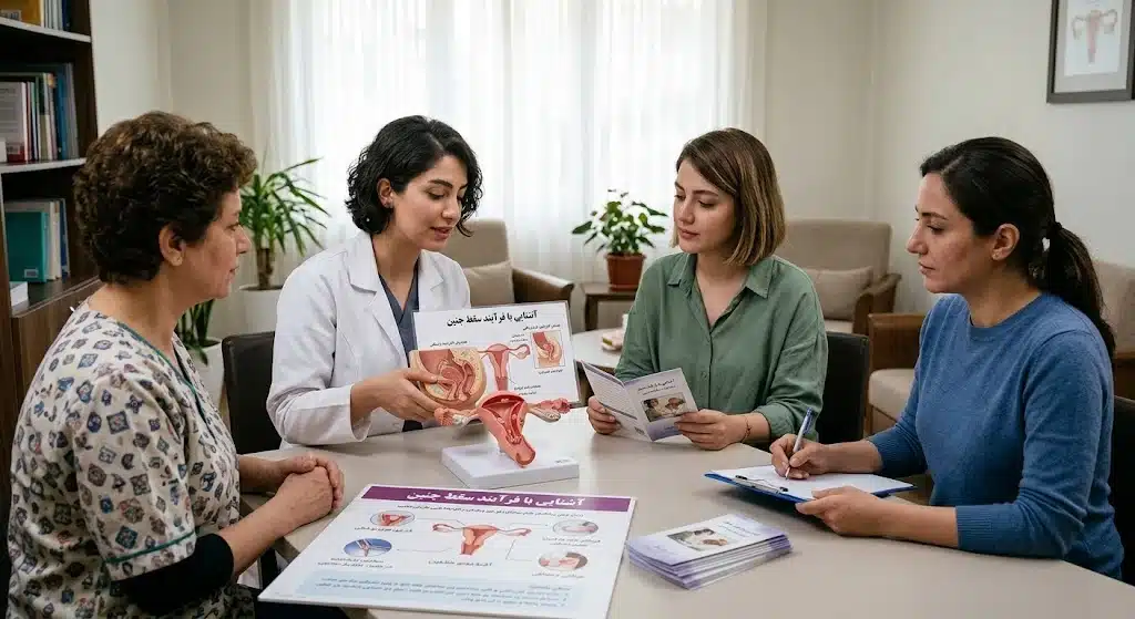 دکتر در حال توضیح دادن درباره نمودار سقط جنین و تغییرات فیزیکی می باشد