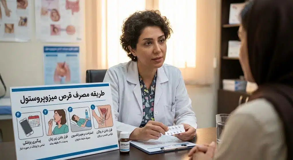 پزشک در حال طریقه مصرف قرص میزوپروستول به بیمار میباشد 