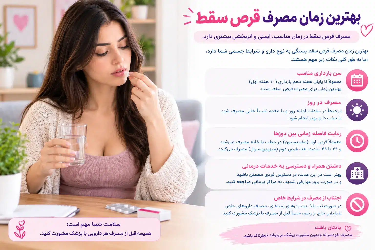 اینفوگرافی درباره بهترین زمان مصرف قرص سقط چه سنی از بارداری است؟ راهنمای جامع پزشکی درباره زمان‌بندی، نحوه مصرف، عوارض و نکات ایمنی سقط دارویی